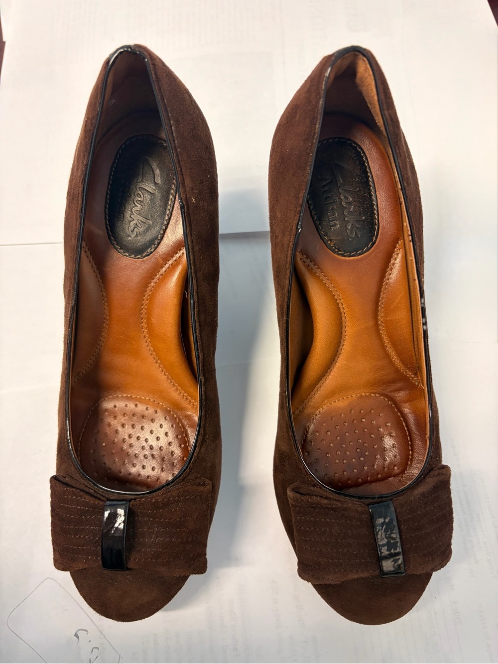 Clarks Brown Suede Low Heel Pumps with Bow Accent